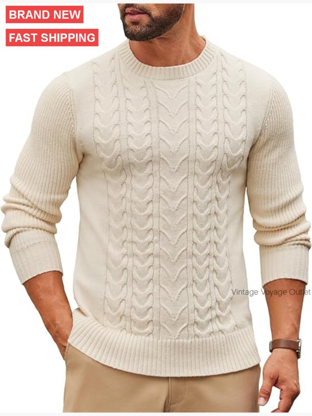 Men's Cable Knit Fisherman Sweater Long Sleeve Crewneck Pullover